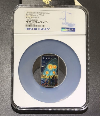 【随心拍&GetCoins】现代钱币拍卖第四十七期 加拿大2019年UFO不明飞行物沙格港事件条形彩银币NGC70首期蓝标