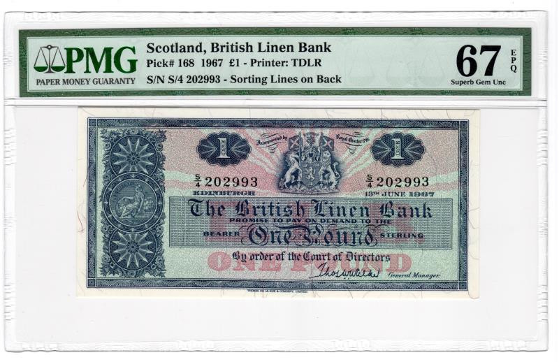 【收藏联盟】第132期拍卖——致敬女王（共60拍） 苏格兰1967年1镑 PMG67EPQ  高分 P-168 S/4 202993