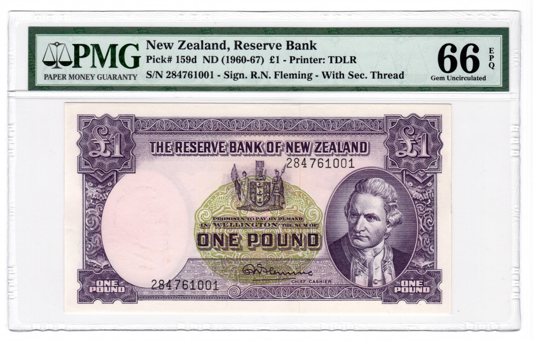 【收藏联盟】第132期拍卖——致敬女王（共60拍） 新西兰1960-67年1镑 P-159d  PMG66 EPQ 库克船长