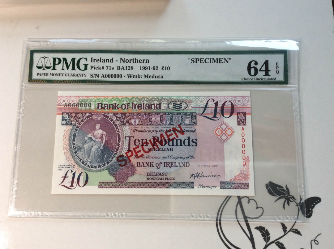 【收藏联盟】第132期拍卖——致敬女王（共60拍） 【样钞】爱尔兰 1991-92年 10镑 PMG64EPQ 