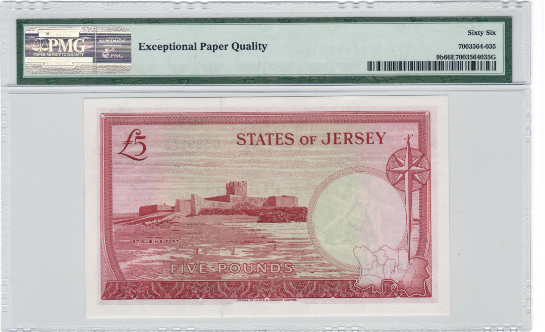 【收藏联盟】第132期拍卖——致敬女王（共60拍） 泽西1963年5镑 P-9b PMG66EPQ 戎装女王纸币 