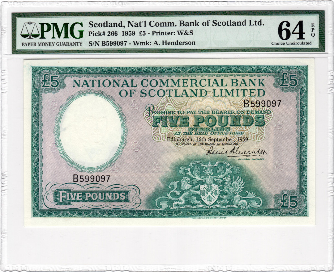 【收藏联盟】第132期拍卖——致敬女王（共60拍） 苏格兰1959年5镑PMG64EPQ P-266  