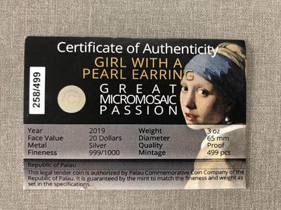 【随心拍&GetCoins】现代钱币拍卖第四十七期 帕劳2019年马赛克艺术3戴珍珠耳环的少女3盎司银币