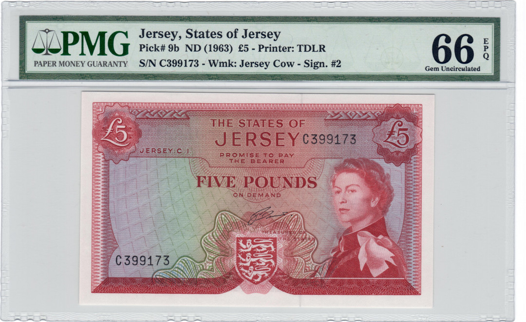 【收藏联盟】第132期拍卖——致敬女王（共60拍） 泽西1963年5镑 P-9b PMG66EPQ 戎装女王纸币 