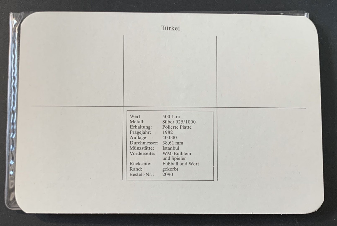 紫瑗钱币—微拍第49期  土耳其 1982年 西班牙世界杯 带球 500里拉 23.33克 0.925银 精制 德国原装卡