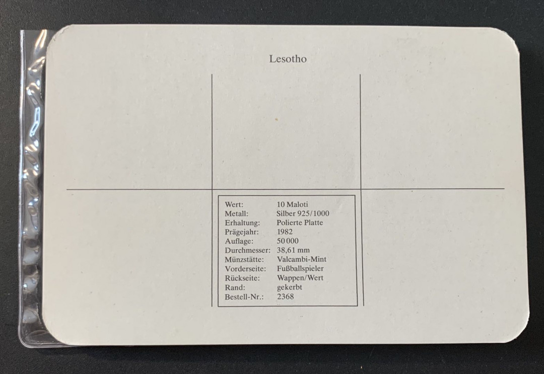 紫瑗钱币—微拍第49期  莱索托 1982年 西班牙世界杯 争球 10马洛蒂  23.33克 0.925银 精制 德国原装卡