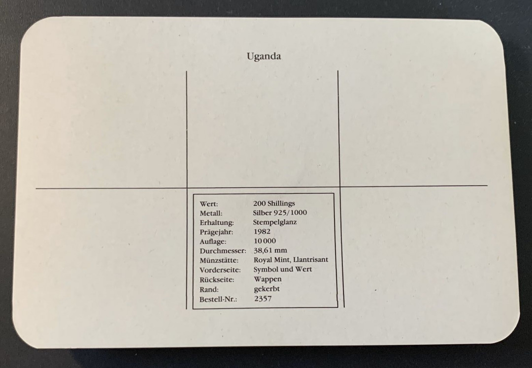 紫瑗钱币—微拍第49期  乌干达 1982年 国际残疾人年  200先令 28.28克 0.925银 精制 德国原装卡