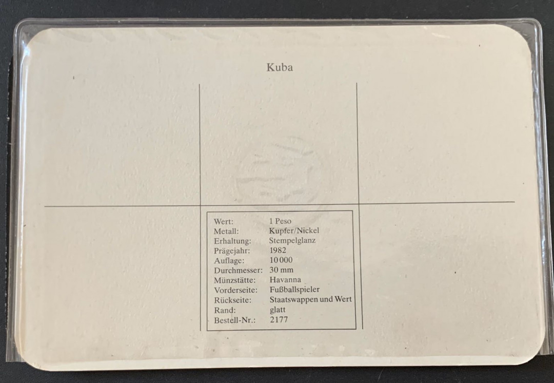 紫瑗钱币—微拍第49期  古巴 1982年 西拔牙世界杯 1比索 镍币 德国原装卡