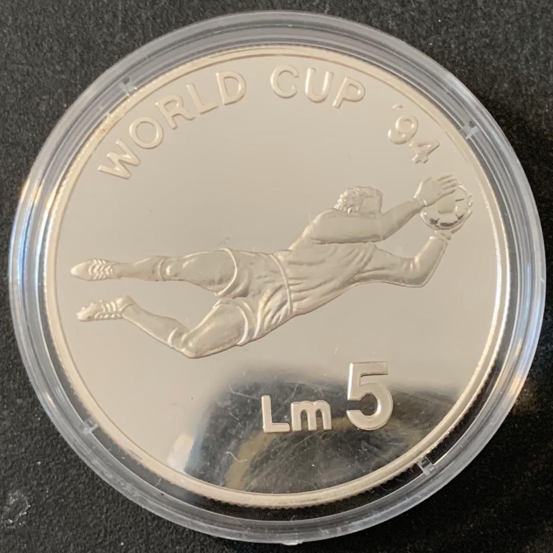 紫瑗钱币—微拍第49期  马耳他 1993年 94美国世界杯 5里拉 28.28克 0.925银 精制