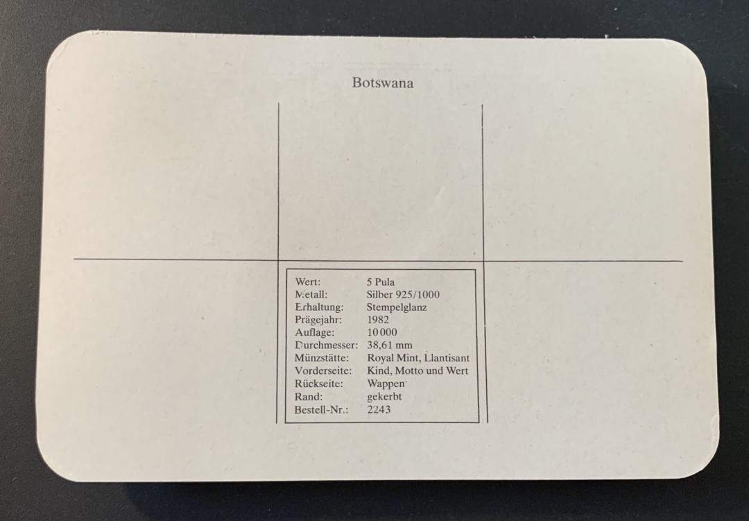 紫瑗钱币—微拍第49期  博茨瓦纳 1981年 残疾人年 5帕拉 28.28克 0.925银 精制 德国原装卡