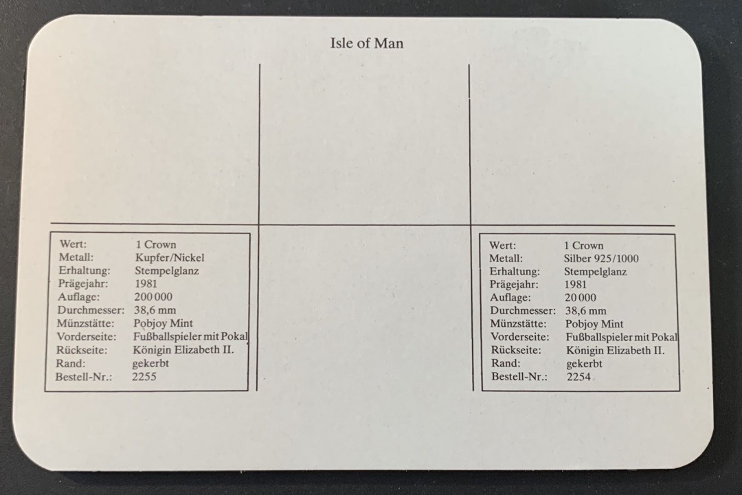 紫瑗钱币—微拍第49期  马恩岛 1982年 西班牙世界杯 1克朗 一银一镍 2枚一套 28.28克 0.925银 德国原装卡
