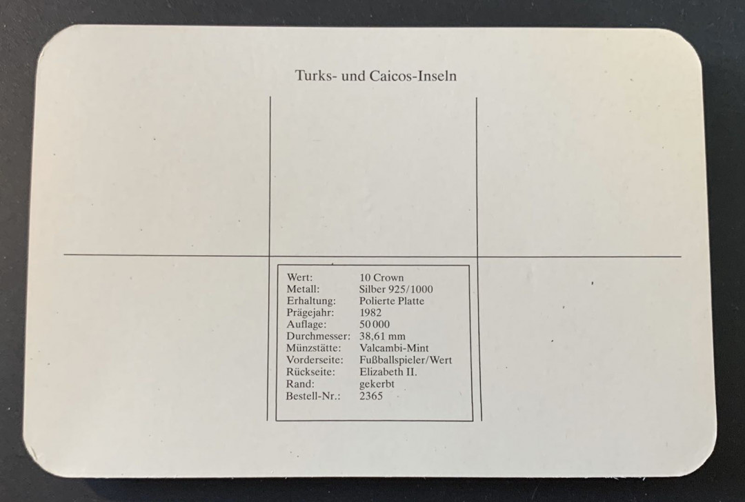紫瑗钱币—微拍第49期  特克斯与凯恩斯群岛 1982年 世界杯 黑卡 10克朗 23.38克 0.925银 精制 德国原装卡