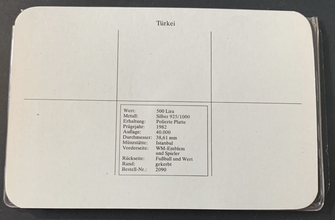 紫瑗钱币—微拍第49期  土耳其 1982年 西班牙世界杯 带球 500里拉 23.33克 0.925银 精制 德国原装卡