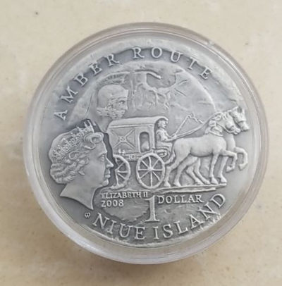 【随心拍&GetCoins】现代钱币拍卖第四十七期 纽埃2008年琥珀之路系列格但斯克仿古镶嵌天然琥珀纪念银币 