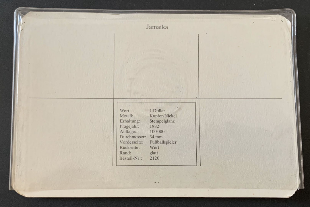 紫瑗钱币—微拍第49期  牙买加 1982年 西班牙世界杯 守门员 1元 镍币 德国原卡装
