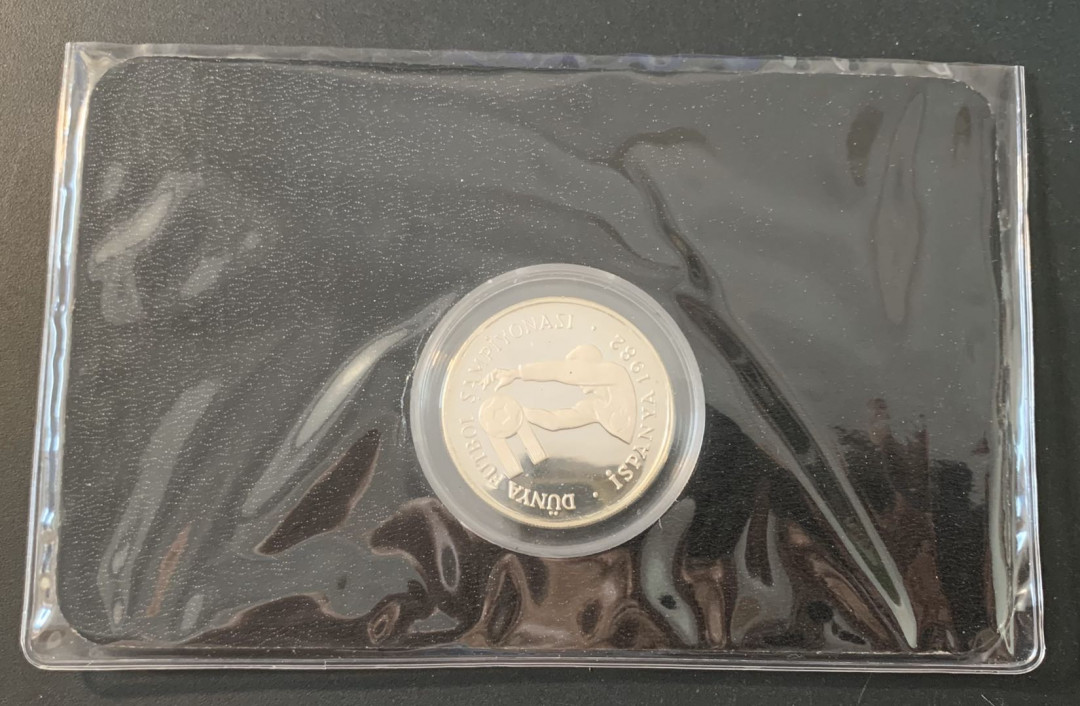 紫瑗钱币—微拍第49期  土耳其 1982年 西班牙世界杯 扑球 500里拉 23.33克 0.925银 精制 德国原装卡