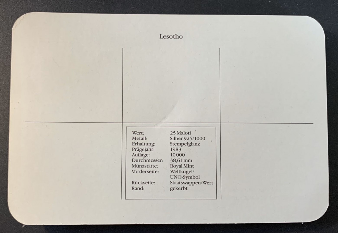 紫瑗钱币—微拍第49期  莱索托 1983年 残疾人年 25马落蒂 28.28克 0.925银 德国原装卡