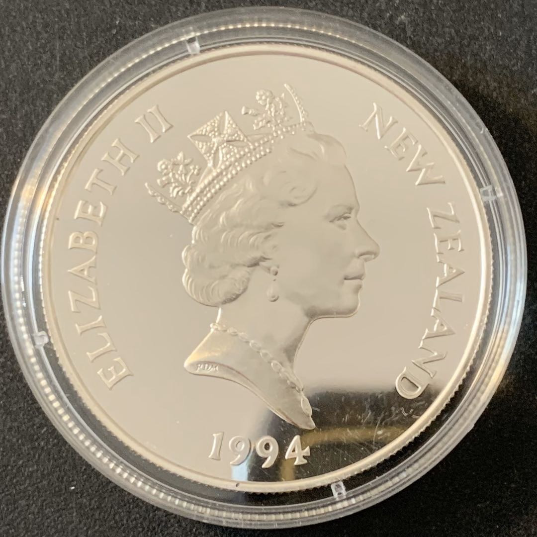 紫瑗钱币—微拍第49期  新西兰 1994年 利勒哈默尔冬奥会 障碍滑雪 5元 31.47克 0.925银 精制