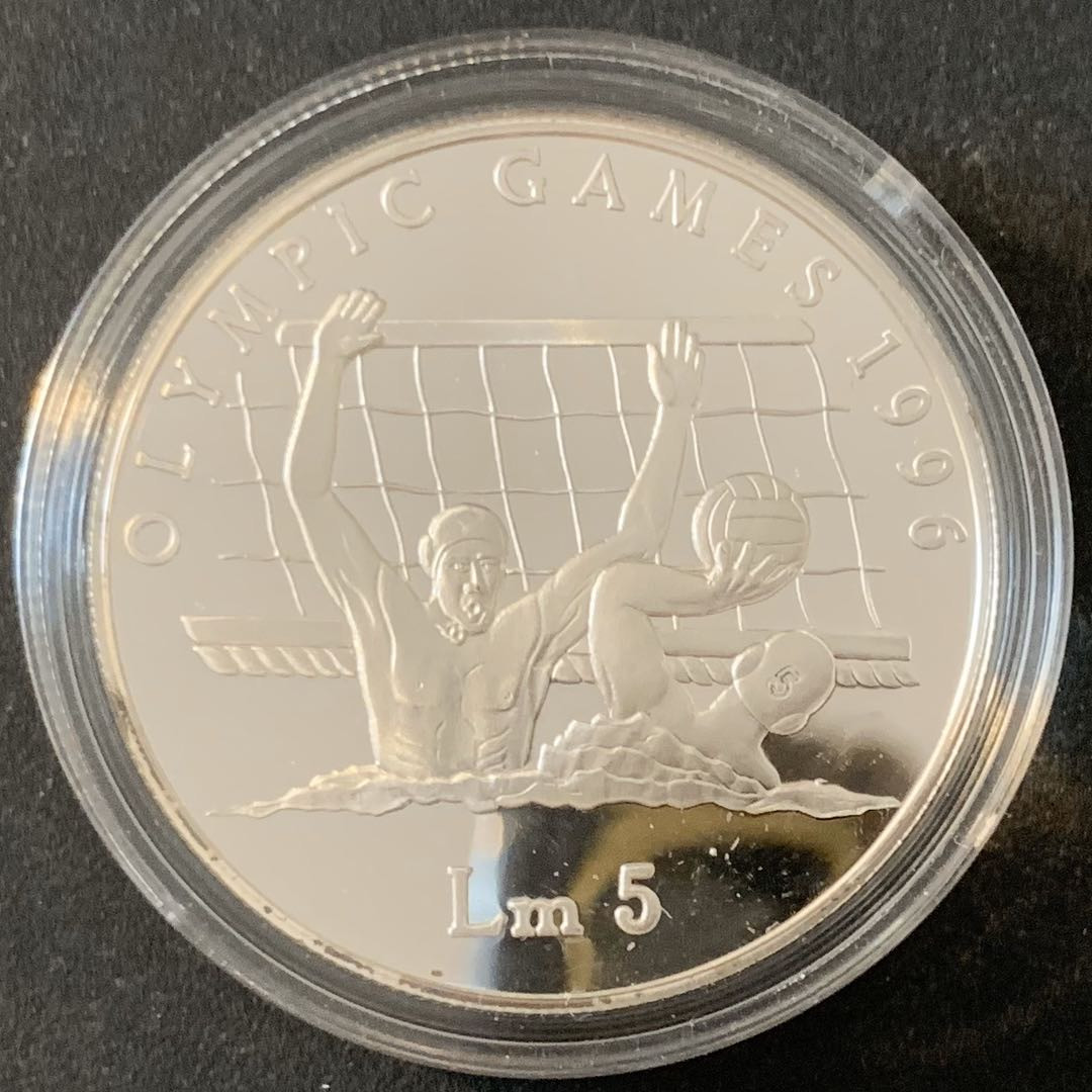 紫瑗钱币—微拍第49期  马耳他 1996年 亚特兰大奥运会 水球 5里拉 31.47克 0.925银 精制