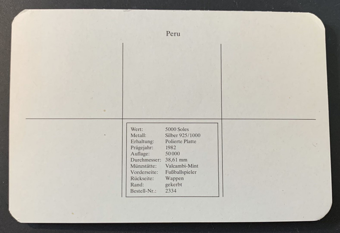 紫瑗钱币—微拍第49期  秘鲁 1982年 西班牙世界杯 带球 5000索尔 23.37克 0.925银 精制 德国原装卡