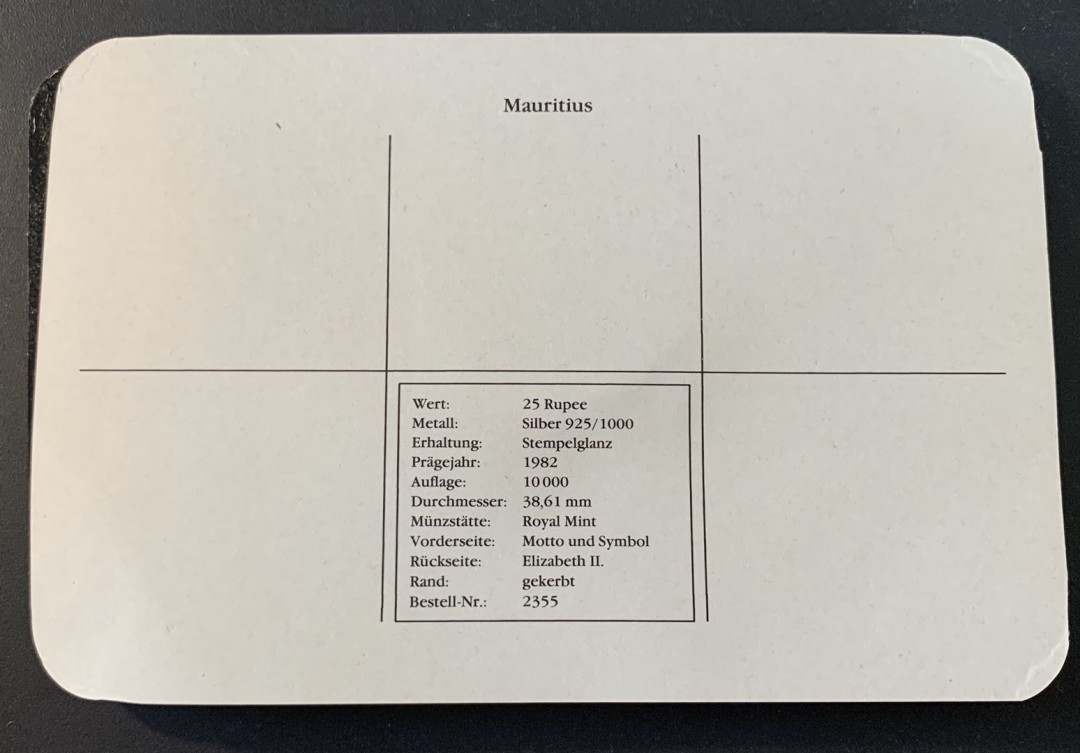 紫瑗钱币—微拍第49期  毛里求斯 1982年 残疾人年 25卢比 28.28克 0.925银 精制 德国原装卡