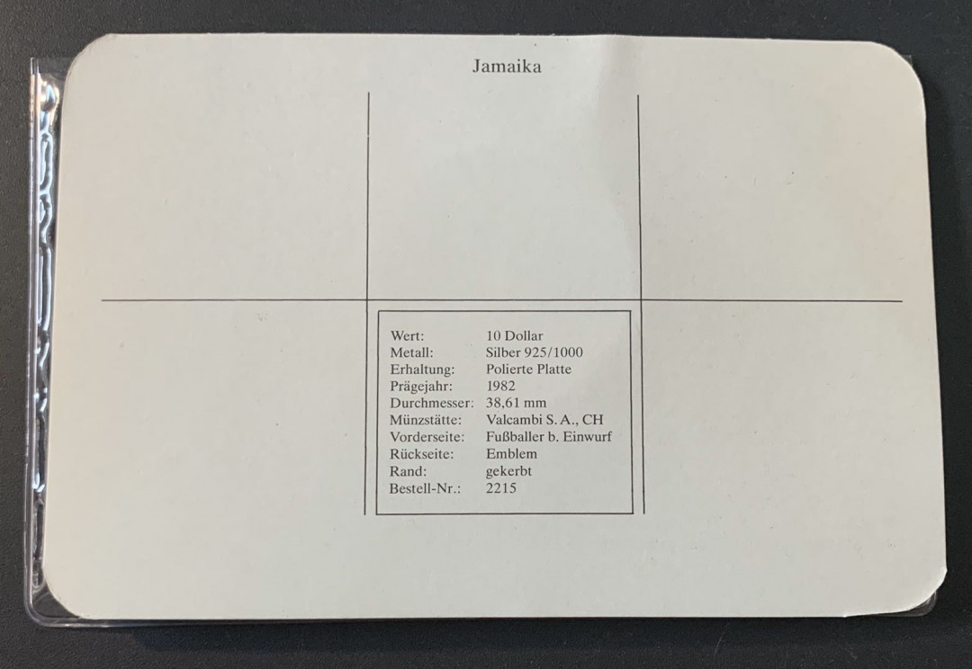 紫瑗钱币—微拍第49期  牙买加 1982年 西班牙世界杯 界外球 10元 23克 0.925银 德国原装卡