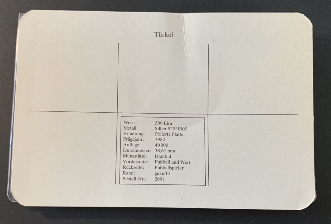 紫瑗钱币—微拍第49期  土耳其 1982年 西班牙世界杯 扑球 500里拉 23.33克 0.925银 精制 德国原装卡