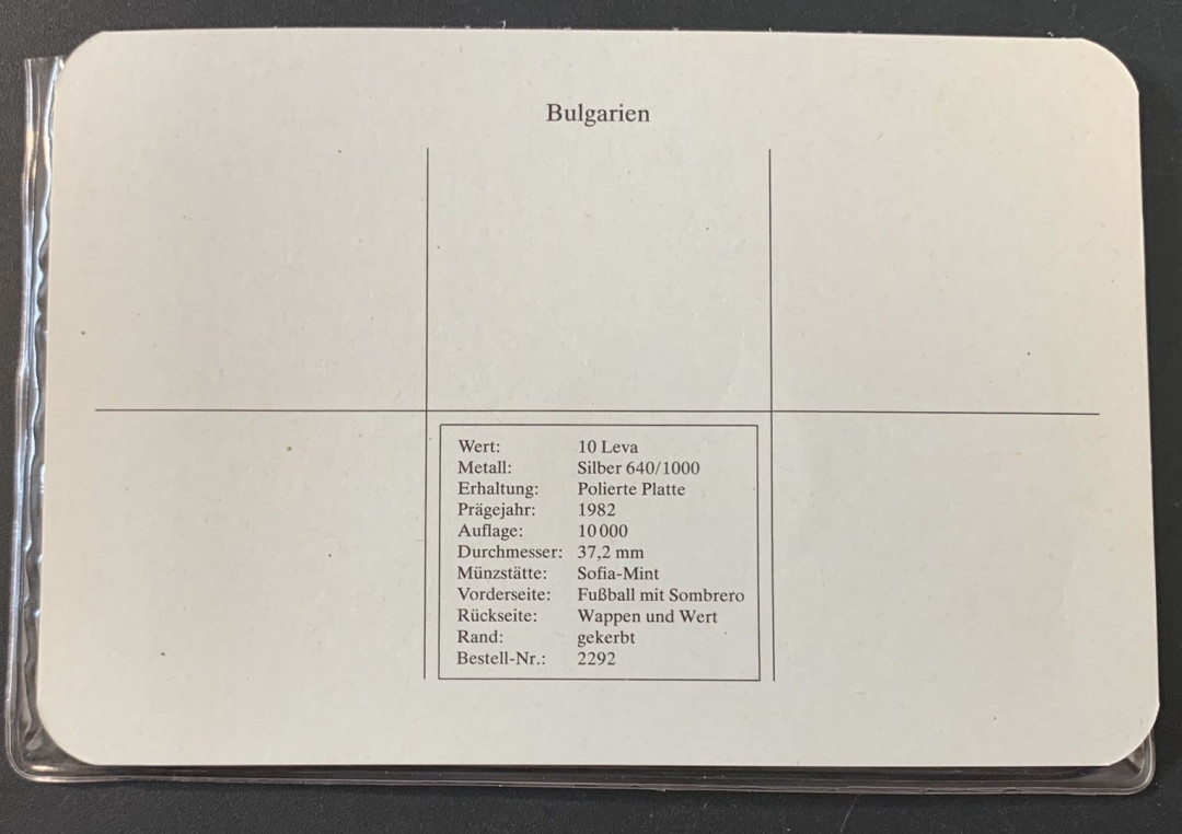 紫瑗钱币—微拍第49期  保加利亚 1982年 西班牙世界杯 10 列弗  18.88克 0.5银 精制 德国原装卡