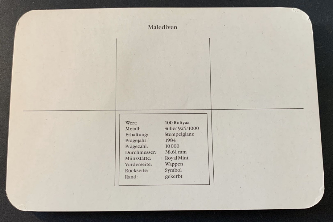 紫瑗钱币—微拍第49期  马尔代夫 1984年 残疾人年 100罗菲亚 28.28克 0.925银 精制 德国原装卡