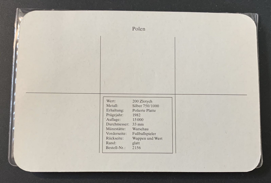 紫瑗钱币—微拍第49期  波兰 1982年 西班牙世界杯 200兹罗提 17.6克 0.75银 精制 德国原装卡