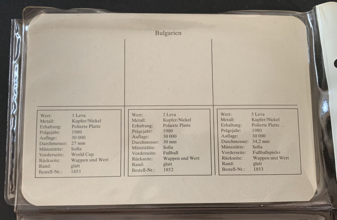 紫瑗钱币—微拍第49期  保加利亚 1982年 西班牙世界杯 1 2 5 列弗 3枚一套 镍币 德国原装卡