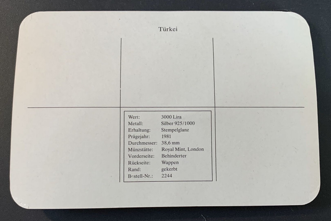 紫瑗钱币—微拍第49期  土耳其 1981年 国际残疾人年 3000里拉 28.28克 0.925银 德国原装卡