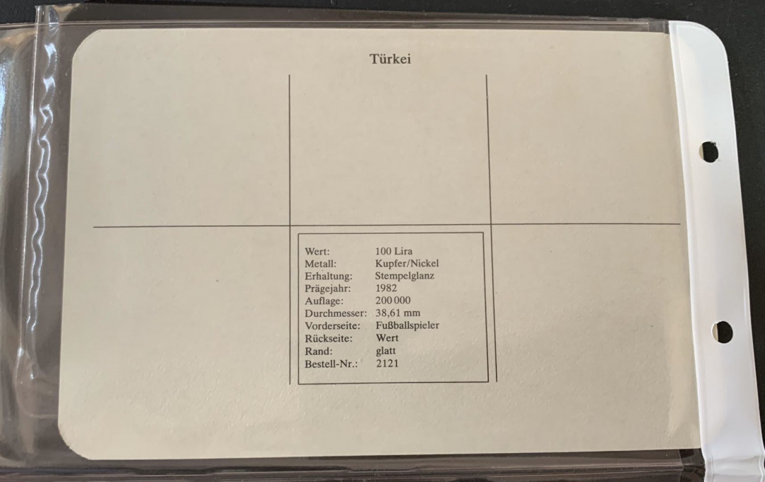 紫瑗钱币—微拍第49期  土耳其 1982年 西班牙世界杯 带球 100里拉 镍币 德国原装卡