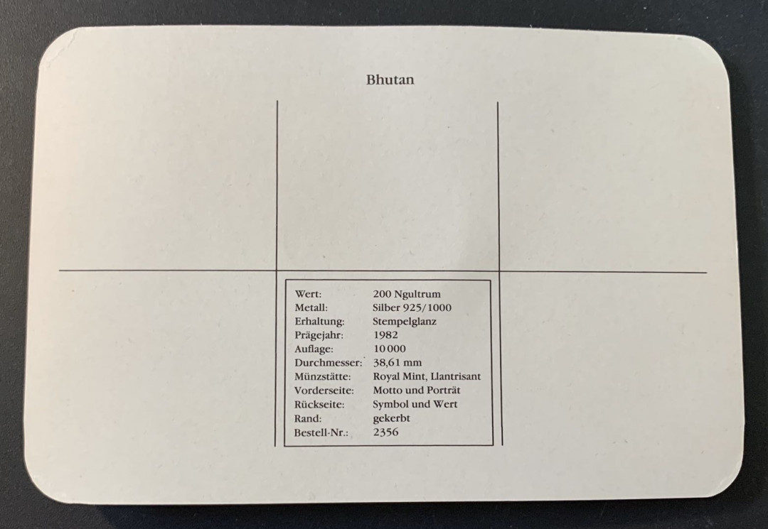 紫瑗钱币—微拍第49期  不丹 1982年 残疾人年 200努尔姆特 28.28克 0.925银 精制 德国原装卡