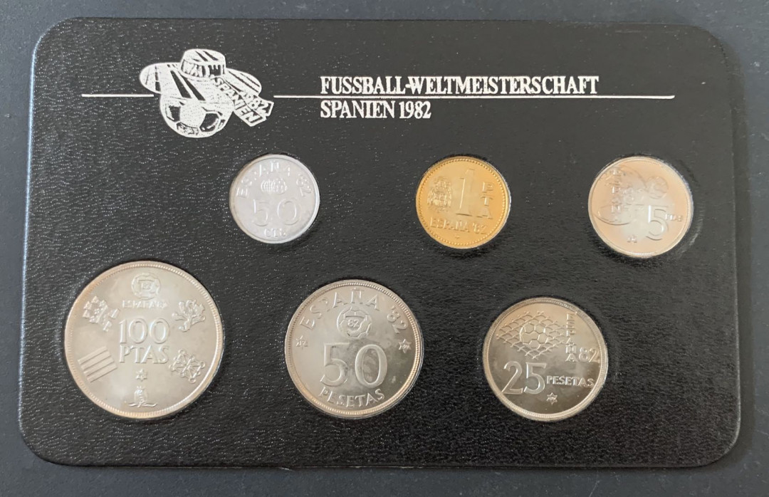 紫瑗钱币—微拍第49期  西班牙 1982年 西班牙世界杯 铜镍币 6枚一套 德国原装卡
