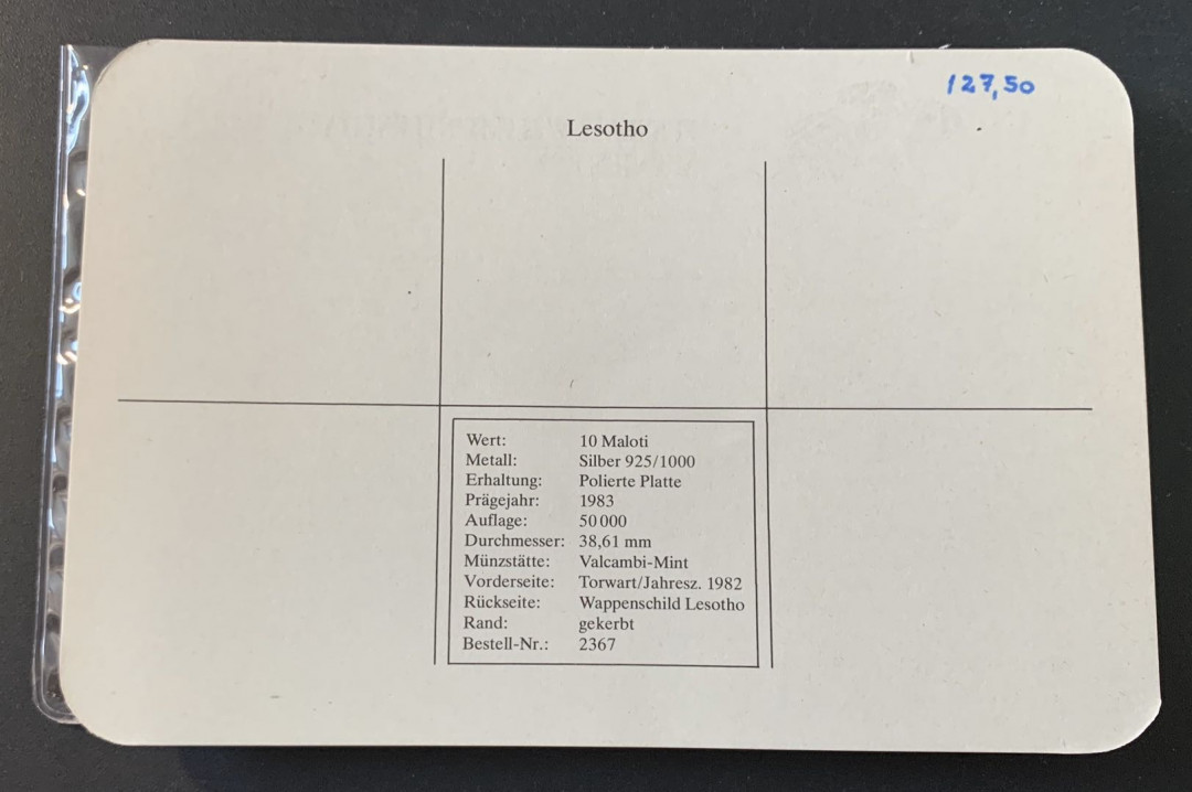 紫瑗钱币—微拍第49期  莱索托 1982年 西班牙世界杯 守门 10马洛蒂  23.33克 0.925银 精制 德国原装卡
