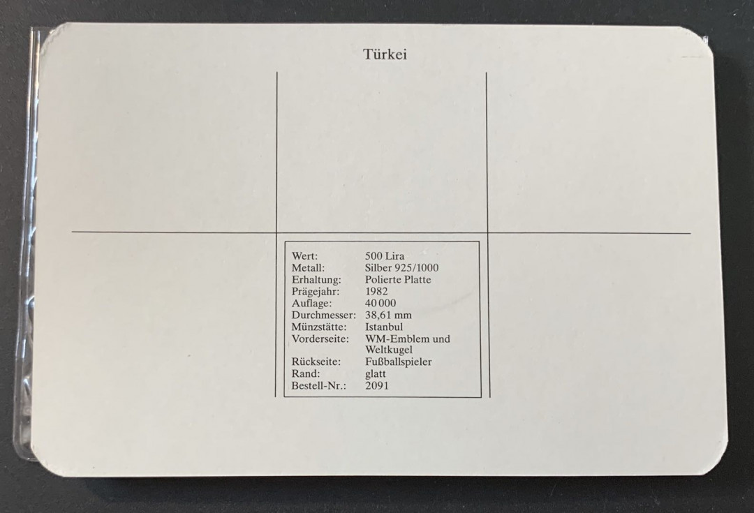 紫瑗钱币—微拍第49期  土耳其 1982年 西班牙世界杯 扑球 500里拉 23.33克 0.925银 精制 德国原装卡