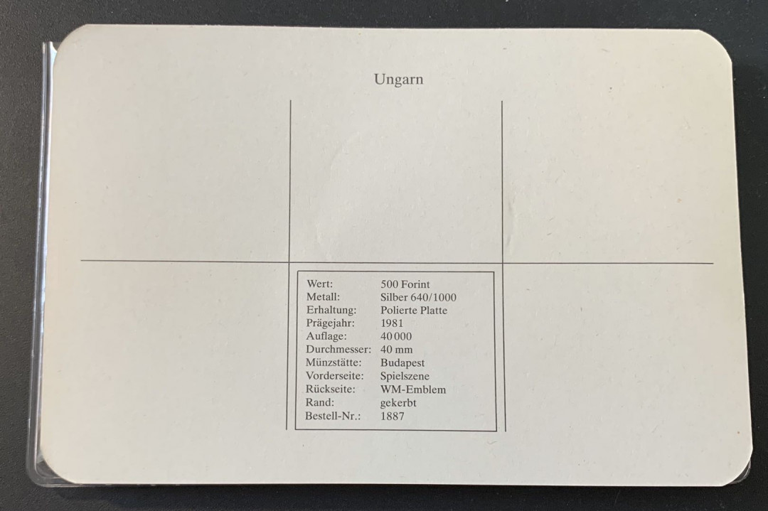 紫瑗钱币—微拍第49期  匈牙利 1981年 82西班牙世界杯  足球 500福林 28克 0.64银 精制 德国原装卡