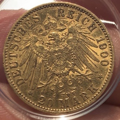紫瑗钱币—微拍第49期  德国 普鲁士 1900年 威廉二世  20马克 7.965克 0.9金