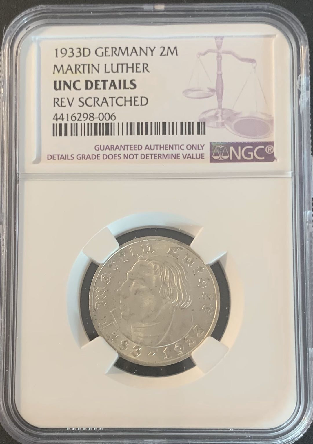 紫瑗钱币—微拍第49期  德国 1933年 D版 马丁 路德 2马克 NGC UNC Detail