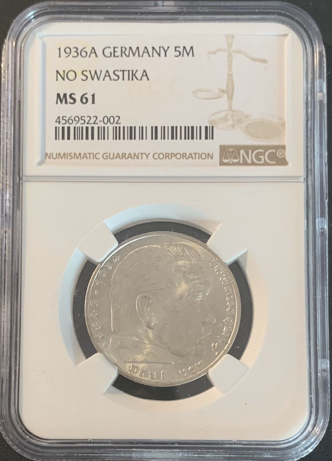紫瑗钱币—微拍第49期  德国 1936年 A版 兴登堡 5马克 NGC MS61