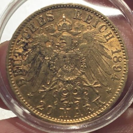 紫瑗钱币—微拍第49期  德国 普鲁士 1894年 威廉二世 20马克 7.965克 0.9金
