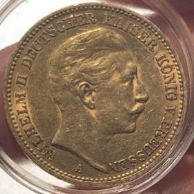 紫瑗钱币—微拍第49期  德国 普鲁士 1894年 威廉二世 20马克 7.965克 0.9金