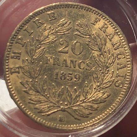 紫瑗钱币—微拍第49期  法国 1859年 拿破仑 20法郎 6.45克 0.9金