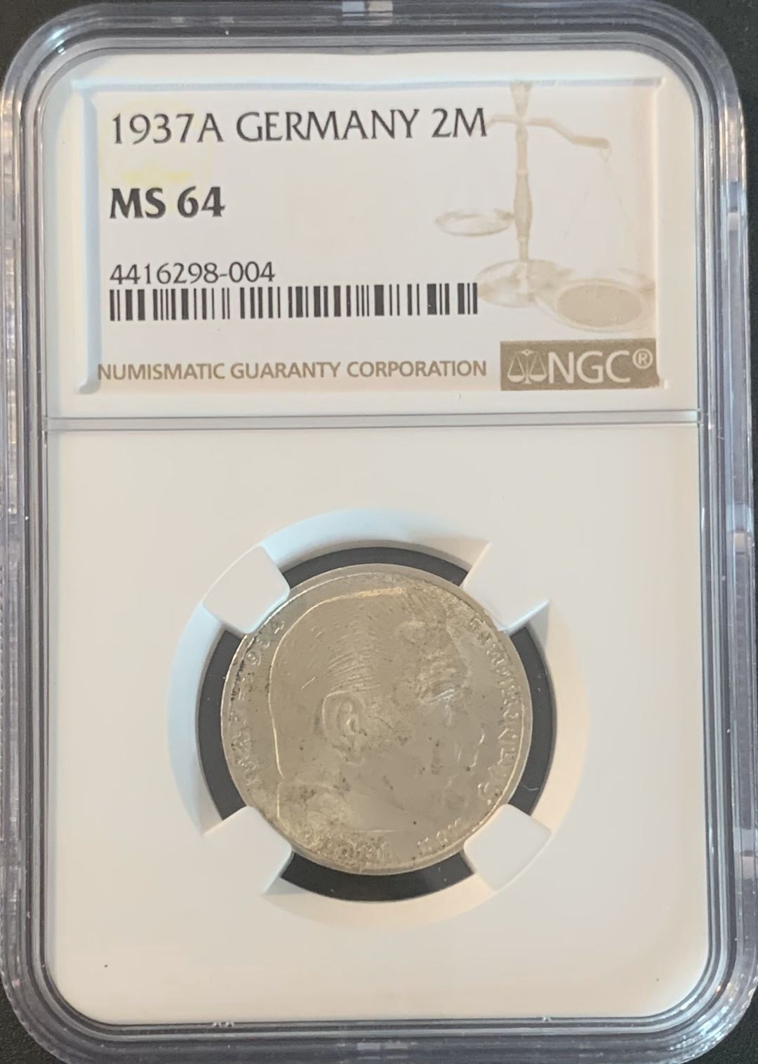紫瑗钱币—微拍第49期  德国 1937年 A版  兴登堡 2马克 NGC MS64