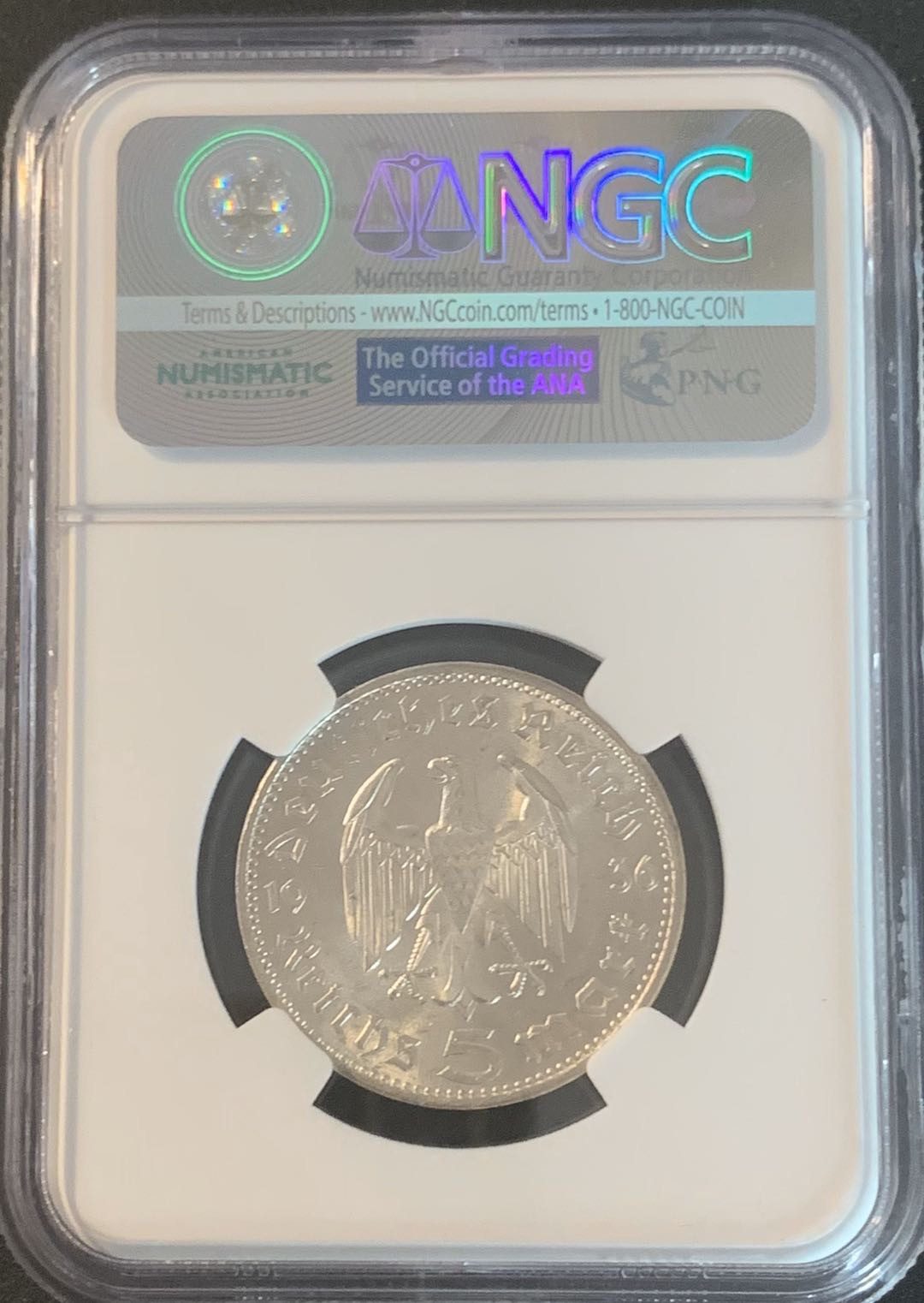 紫瑗钱币—微拍第49期  德国 1936年 A版 兴登堡 5马克 NGC MS61