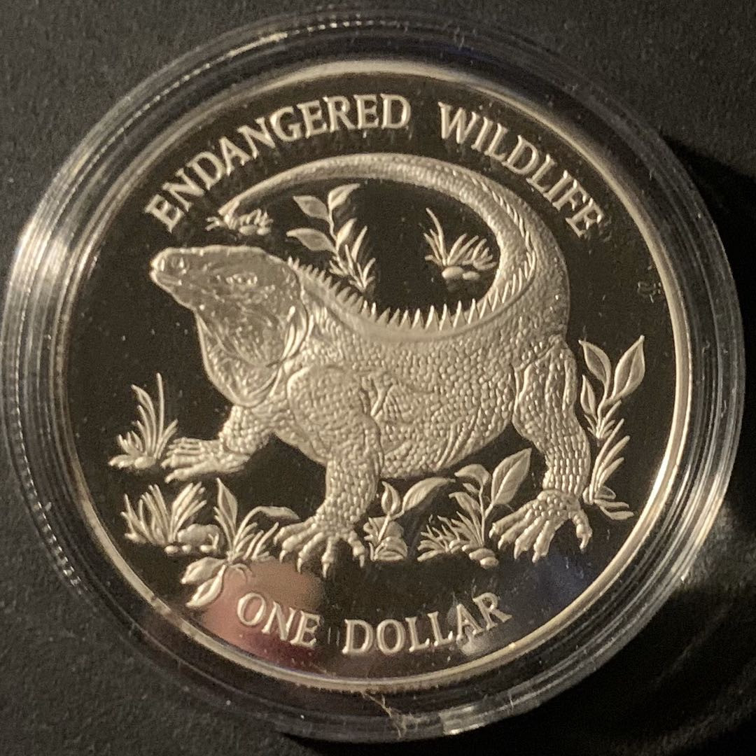 紫瑗钱币—微拍第50期  开曼群岛 1995年 世界濒危野生动物 美洲大蜥蜴 1元 28.28克 0.925银 精制