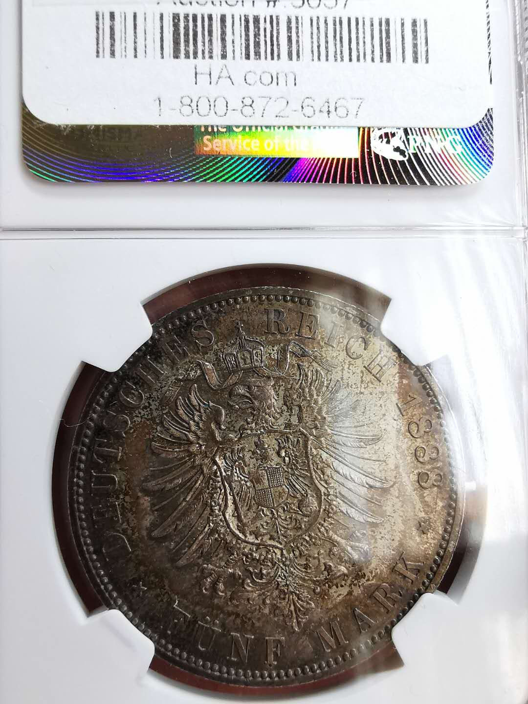 凡希社世界钱币微拍第一百十六期 1888普鲁士短翅5马克NGC-MS65传世包浆！
