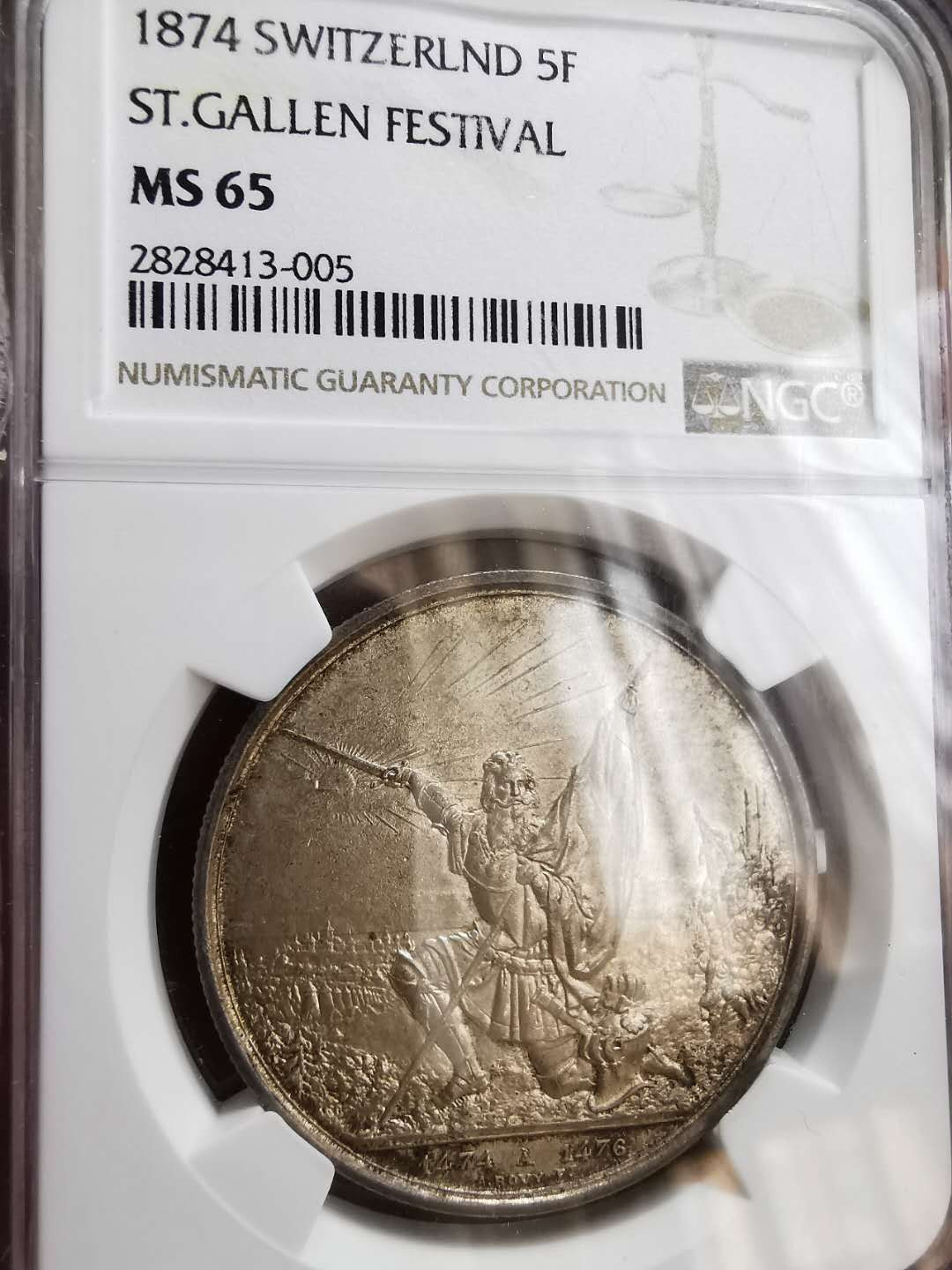 凡希社世界钱币微拍第一百十六期 1874瑞士圣加仑射击节5法郎大银NGC-MS65