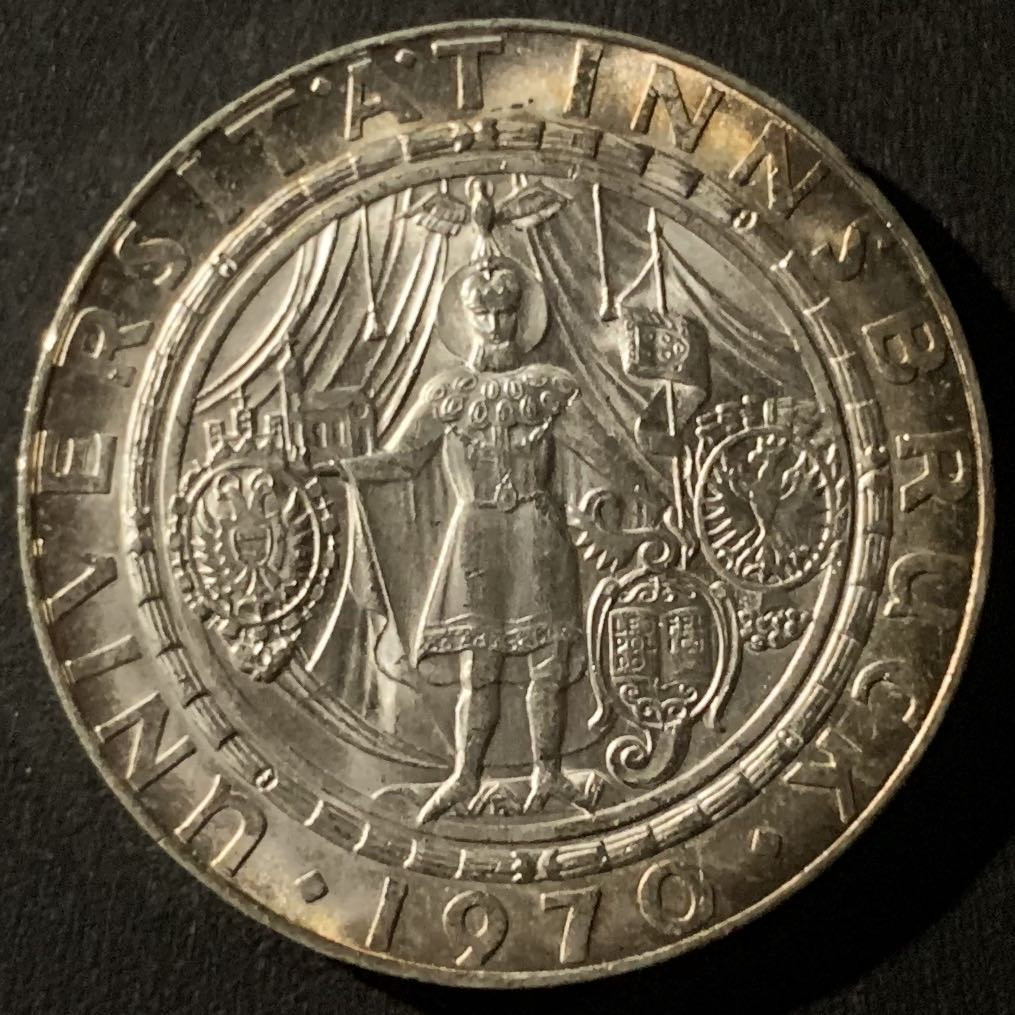 紫瑗钱币—微拍第50期  奥地利 1970年 因斯布鲁克大学300周年 50先令 20克  0.9银